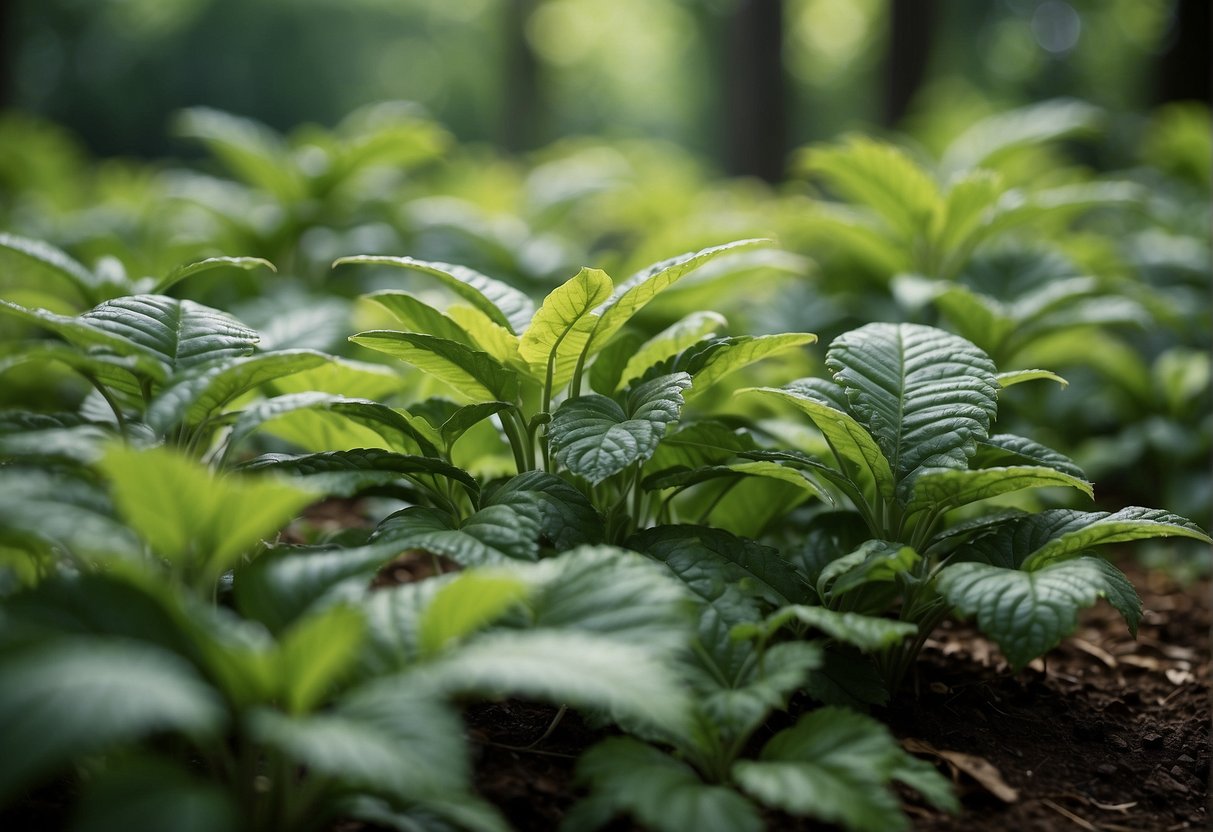 Lush green foliage of various plants in a New Hampshire garden, with a map of USDA Hardiness Zones in the background