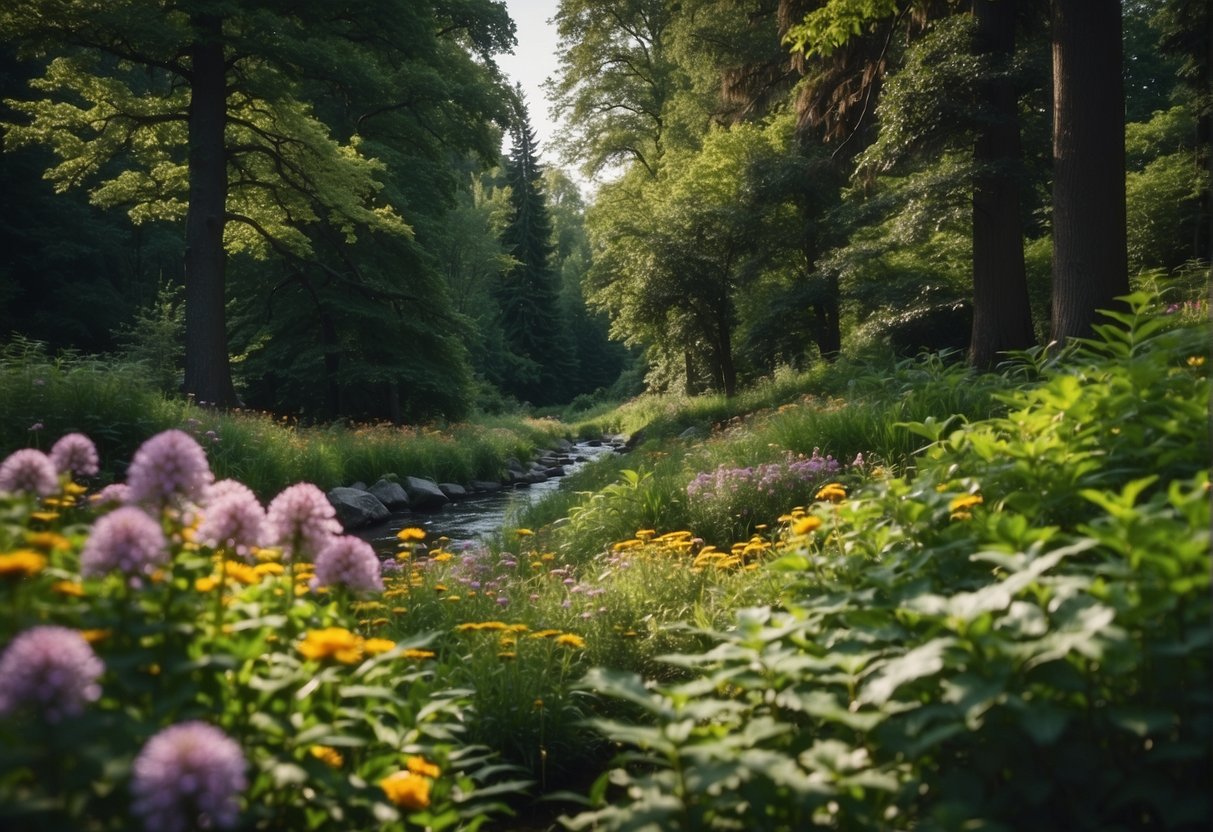 Lush green landscape, with colorful flowers and thriving vegetation, surrounded by a mix of deciduous and evergreen trees