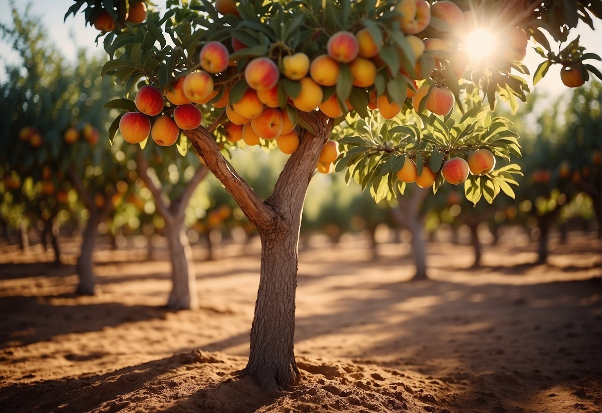 Fruit trees in New Mexico stand tall, their branches heavy with ripe peaches and apples. The sun bathes the orchard in a warm, golden light, casting long shadows on the red earth below