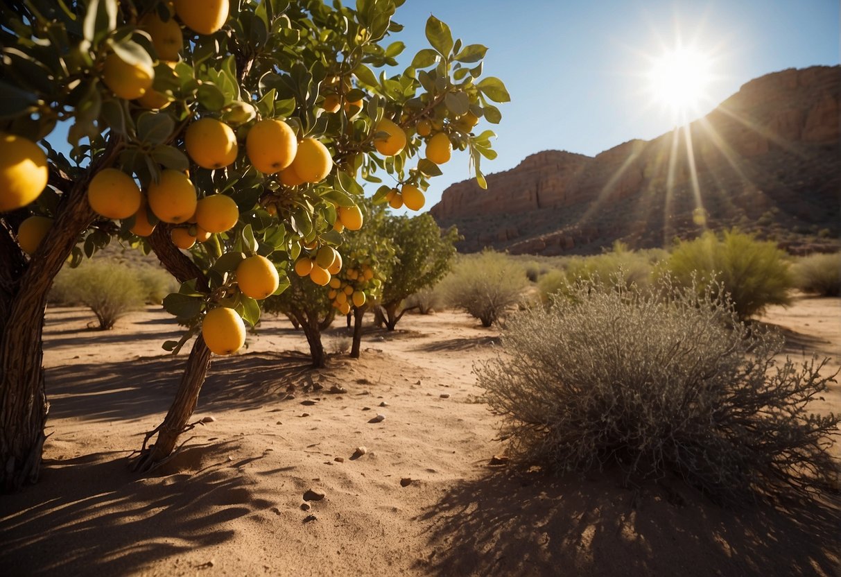 Sun beats down on a desert landscape, with fruit trees struggling to survive in the arid, hot climate of New Mexico