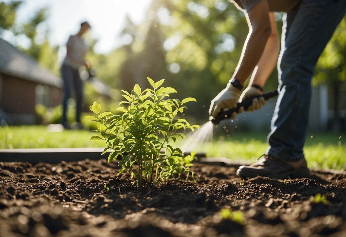 A sunny backyard with young trees growing rapidly, casting shade on the ground. A gardener tends to the soil, mulching and watering the trees