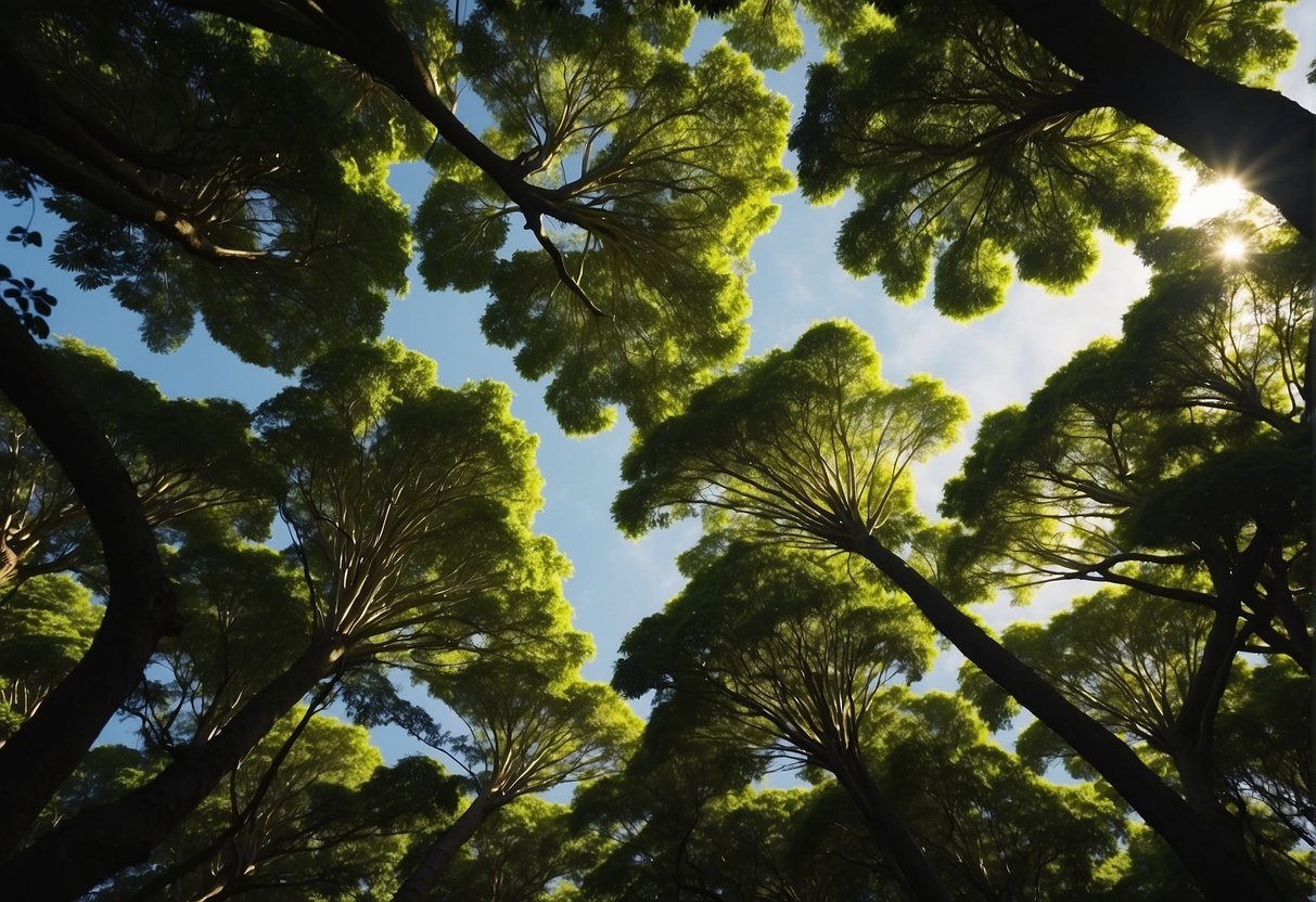 Tall, lush canopy trees in Hawaii sway gently in the warm breeze, their vibrant green leaves creating a dense, shady cover below