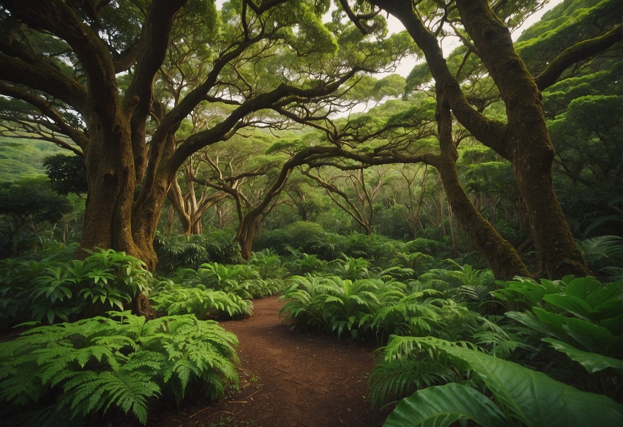 Lush green canopy trees tower over a vibrant landscape, showcasing the ecological and cultural significance of Hawaii's rich biodiversity