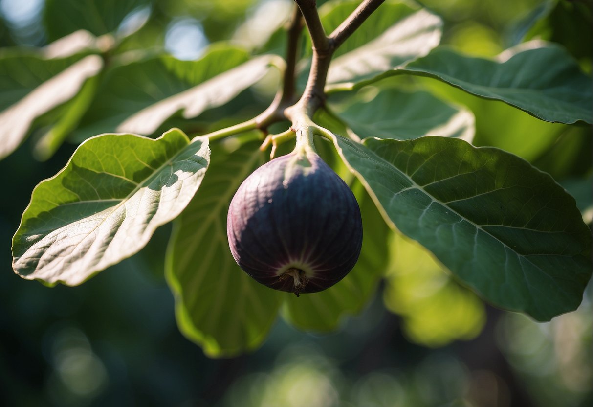 A lush fig tree stands in the center of zone 5, surrounded by vibrant green foliage and dappled sunlight