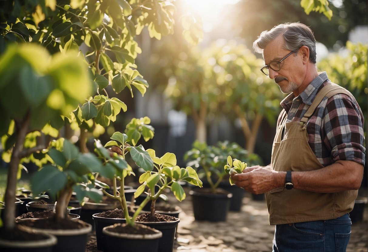 A person carefully examines different fig tree varieties suitable for Zone 5, surrounded by potted fig trees and gardening tools