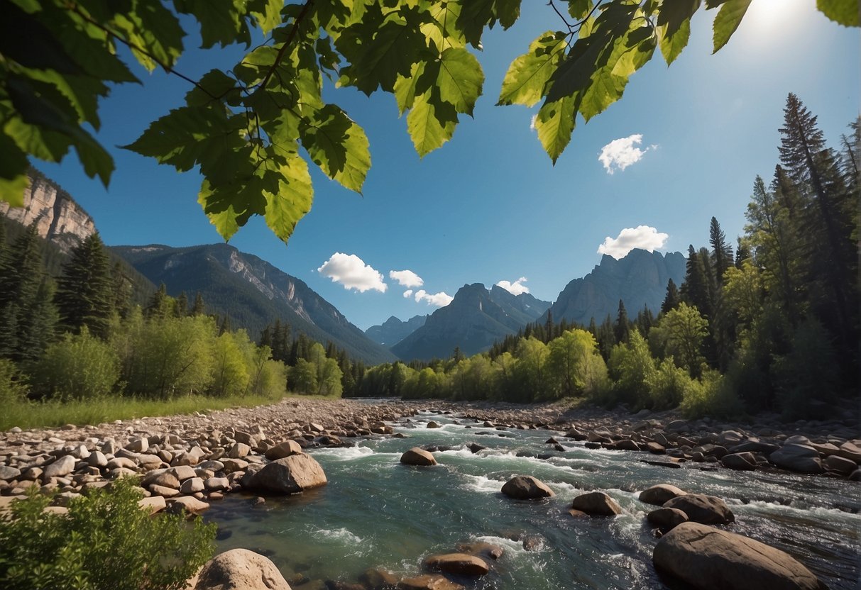 Lush green trees reaching towards the bright blue sky, surrounded by rocky mountains and a flowing river in the background