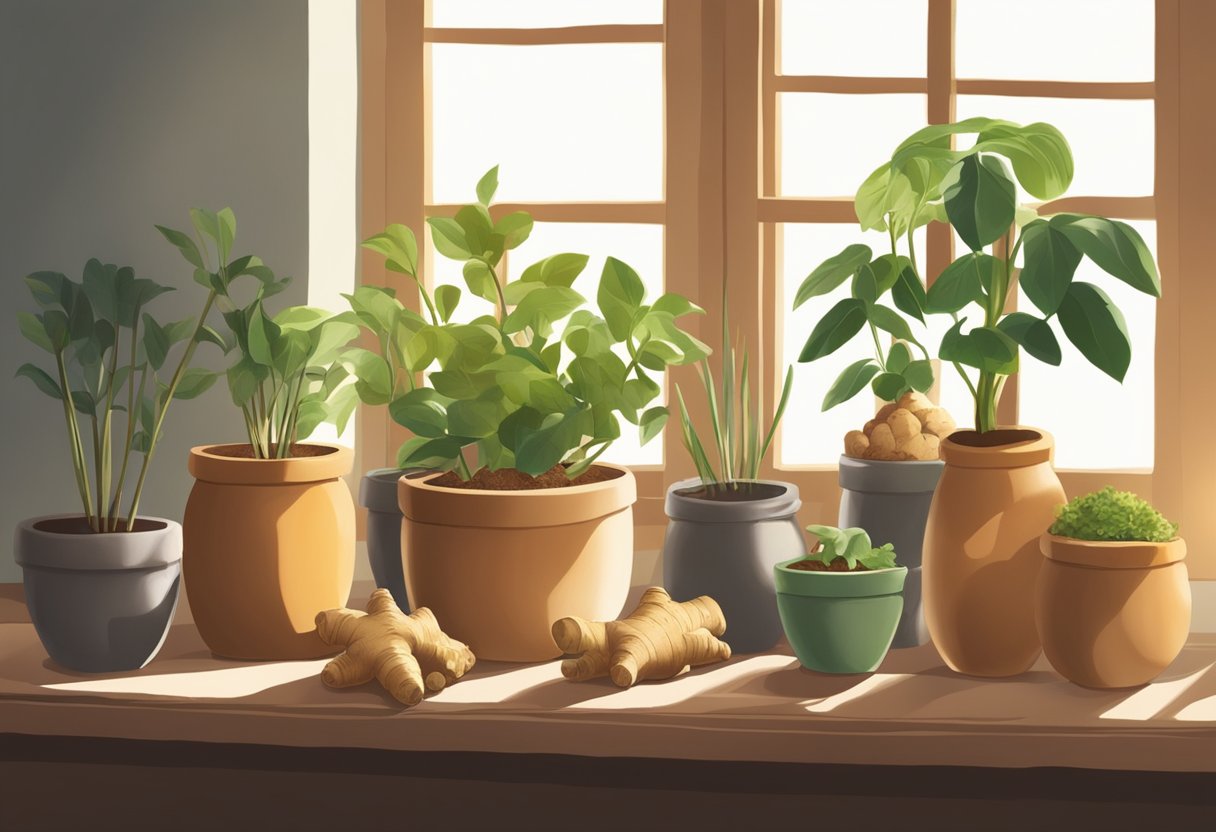 Ginger roots and pots arranged on a table. Soil and gardening tools nearby. Sunlight streaming through a window onto the scene