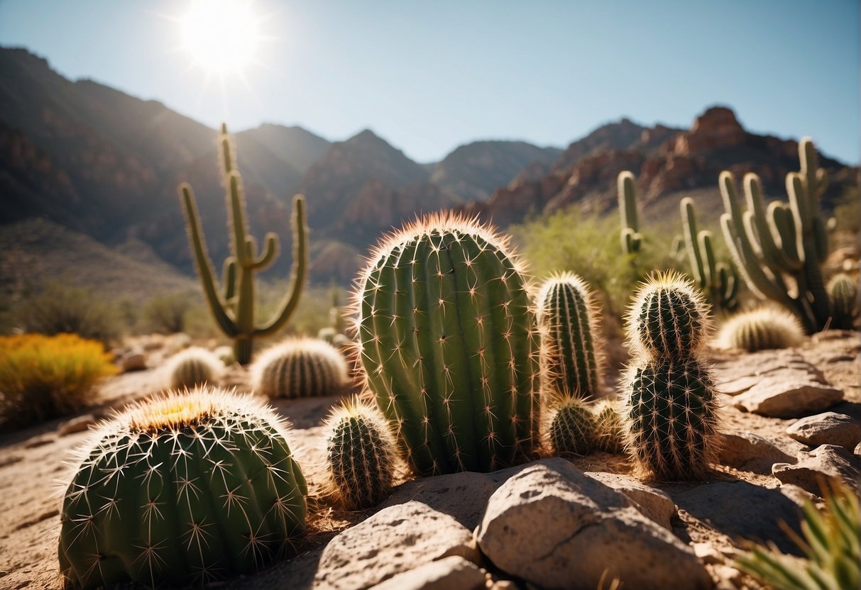 Vibrant desert landscape with cacti and succulents thriving in the scorching sun, surrounded by rocky terrain and shimmering heat waves