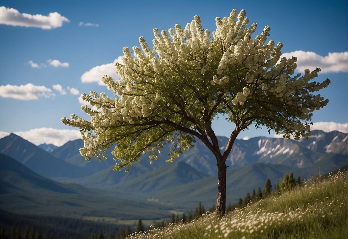 A tall tree with white flowers stands against a backdrop of Colorado's majestic mountains
