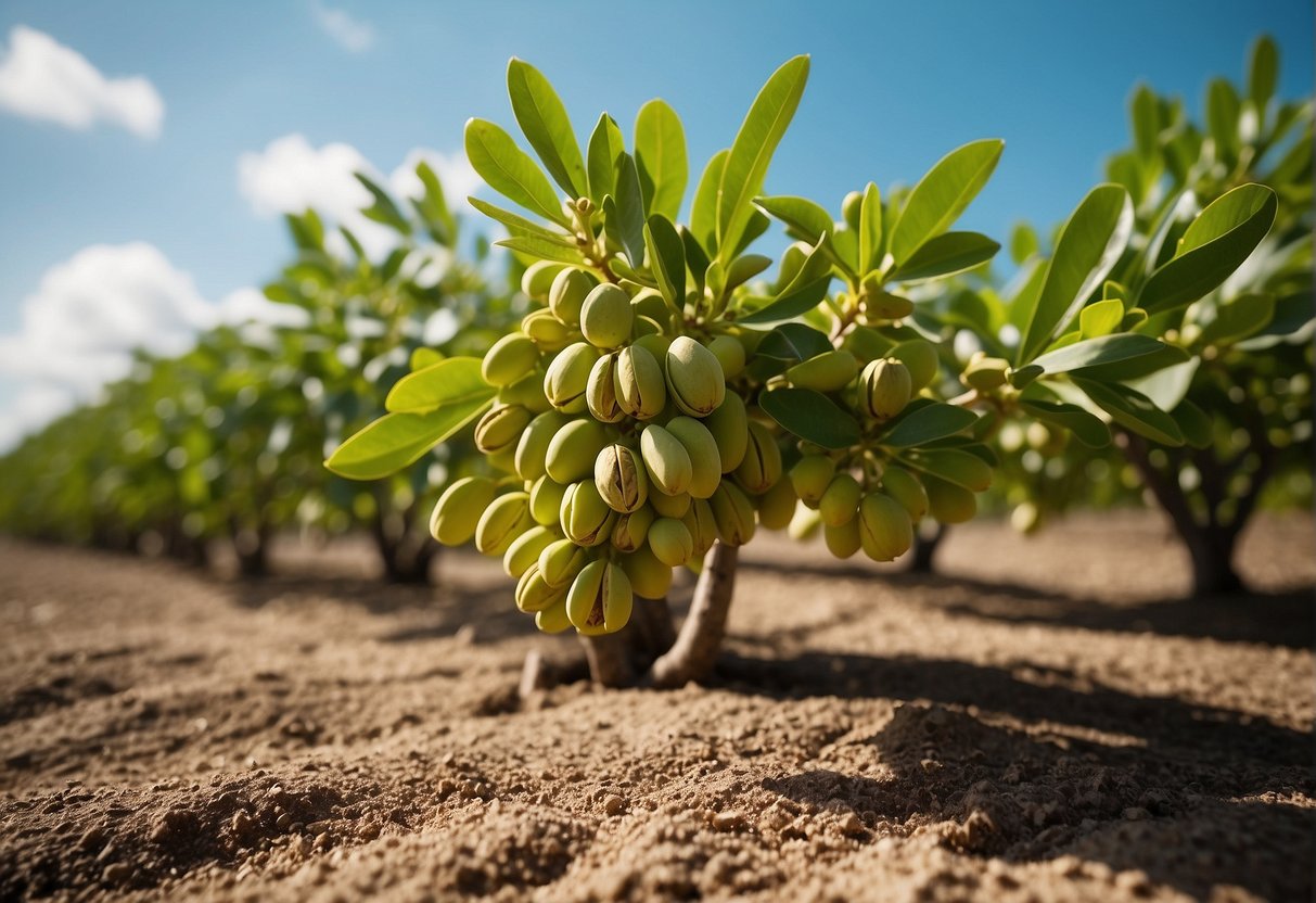 Lush green pistachio trees thrive in the warm Florida sun, their branches heavy with clusters of ripening nuts. The rich soil and gentle sea breeze provide the perfect conditions for cultivation