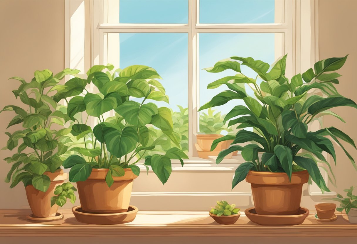 Lush green ginger plants fill terracotta pots, bathed in warm sunlight on a windowsill. The rich soil and vibrant leaves create a cozy, natural atmosphere