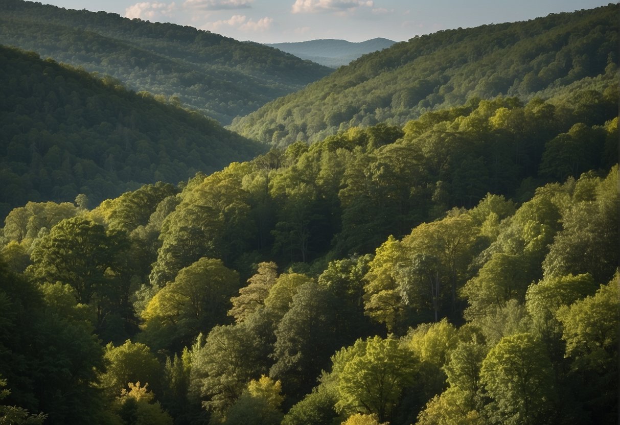Lush green forests cover the rolling hills of Tennessee, with a mix of deciduous and coniferous trees. The climate is humid subtropical, with hot summers and mild winters