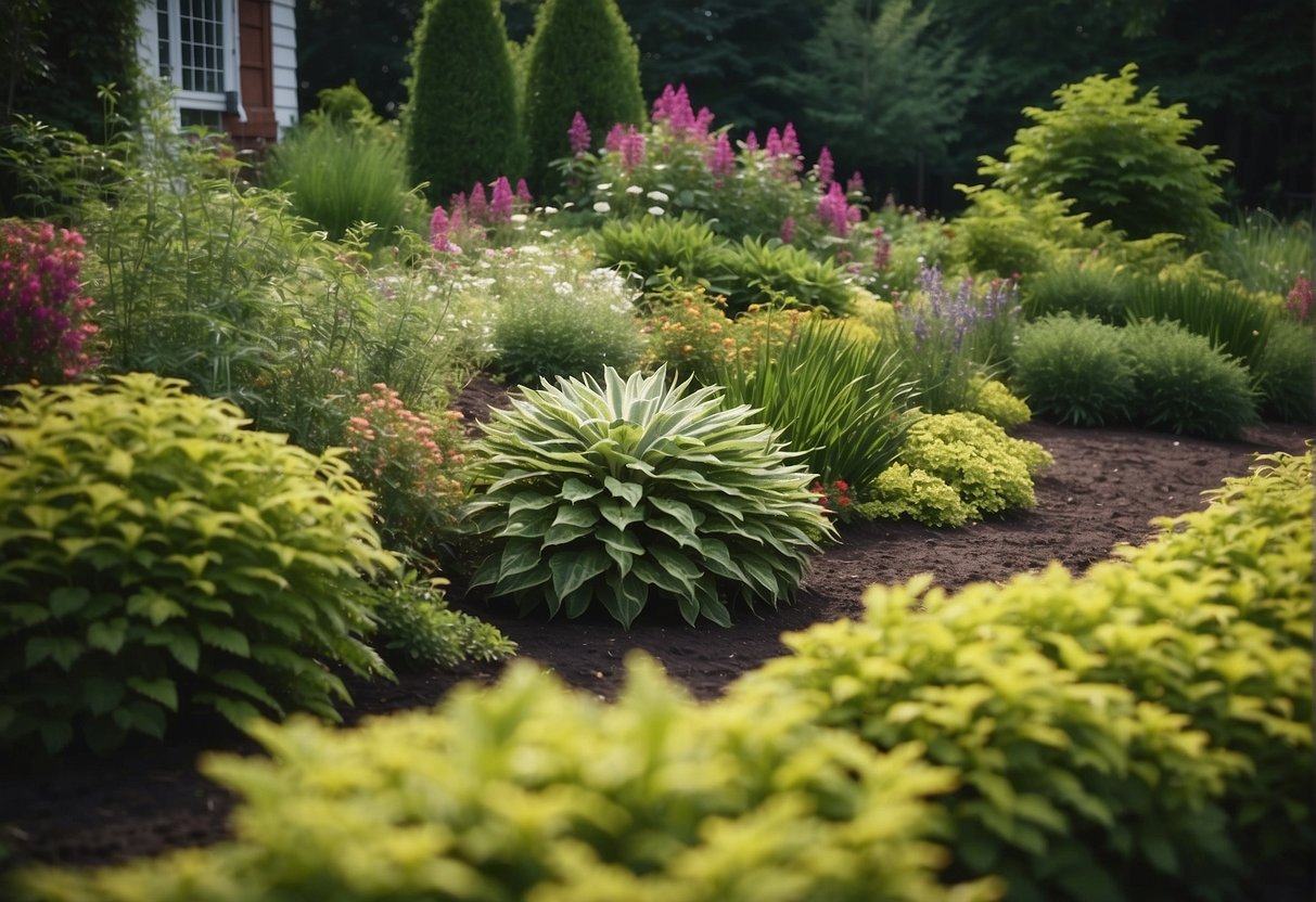 Lush garden with diverse plants thriving in Massachusetts' climate zone. Temperature-appropriate flora arranged in well-maintained beds