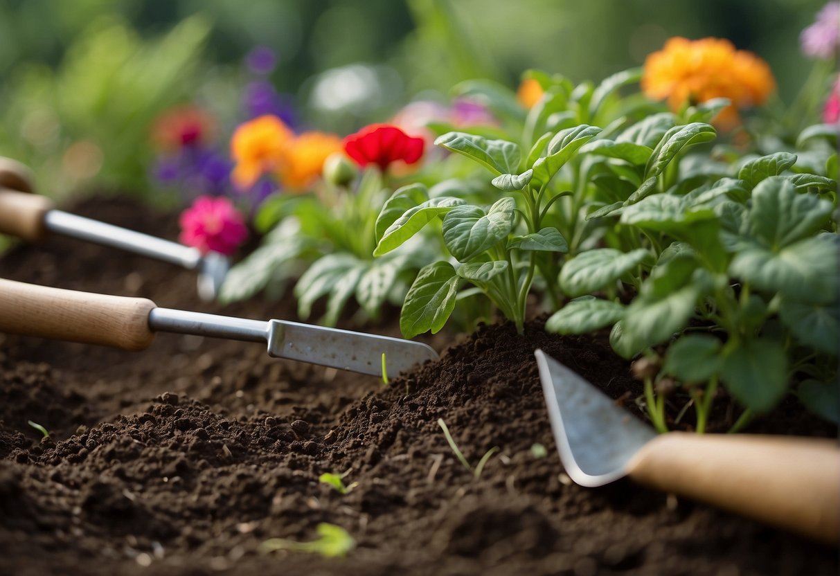 Lush green plants being carefully placed in rich soil, surrounded by gardening tools and vibrant flowers in Asheville's growing zone