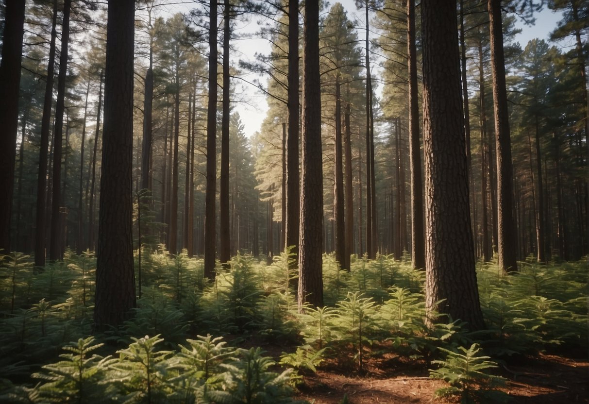 A group of pine trees stand tall in an Indiana forest, surrounded by signs and educational materials about conservation