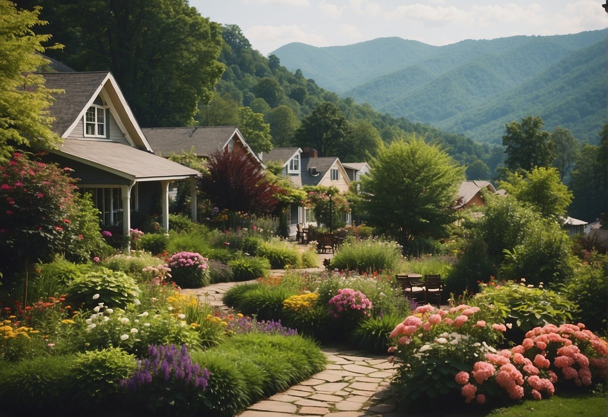 Lush green mountains surround a quaint town with colorful gardens and blooming flowers, showcasing a variety of plants thriving in the Asheville, NC growing zone