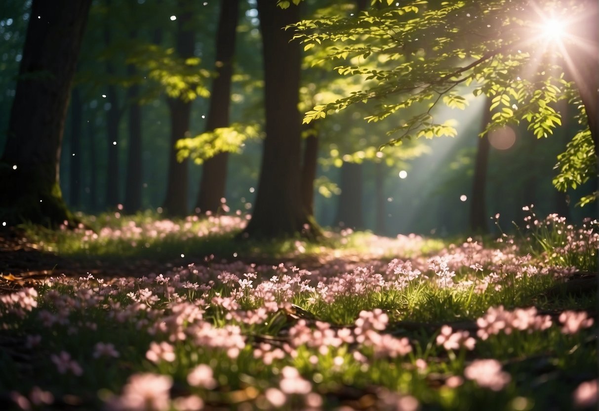 Sunlight filters through the lush green leaves of the flowering trees, casting dappled shadows on the forest floor. Vibrant blossoms in shades of pink and white dot the branches, creating a stunning display of natural beauty