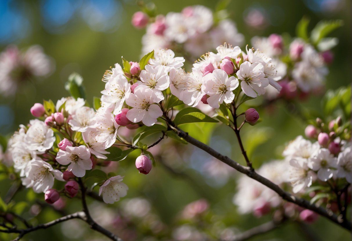 Flowering trees dot the landscape in Maine, with vibrant pink and white blossoms against a backdrop of lush green foliage