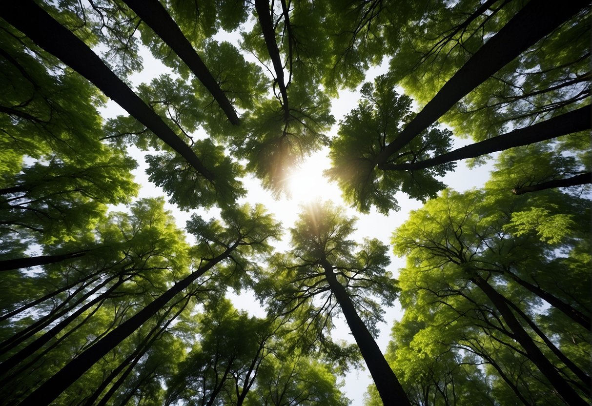 Lush green trees shoot up towards the sky in the Pennsylvania forest, their branches reaching for the sun, depicting the fastest growing trees in PA