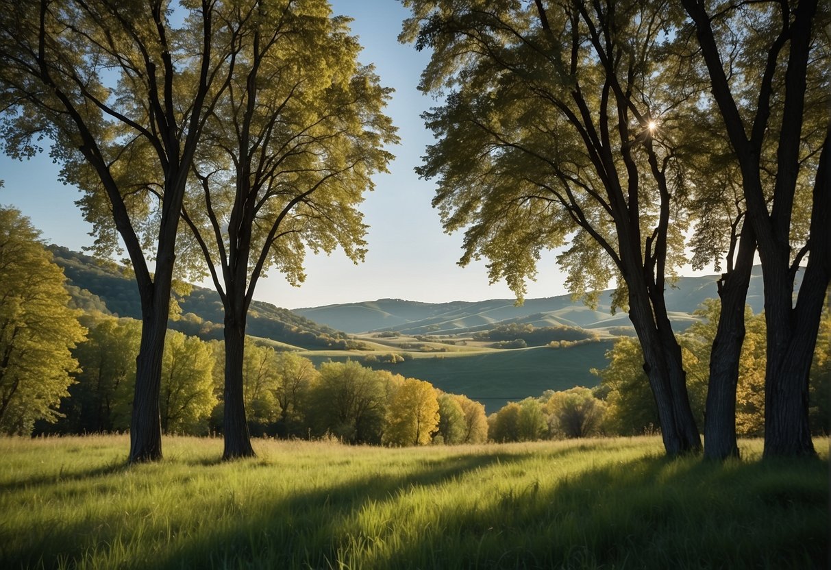 Tall, slender poplar and willow trees rise against a backdrop of rolling hills and a bright blue sky in Pennsylvania