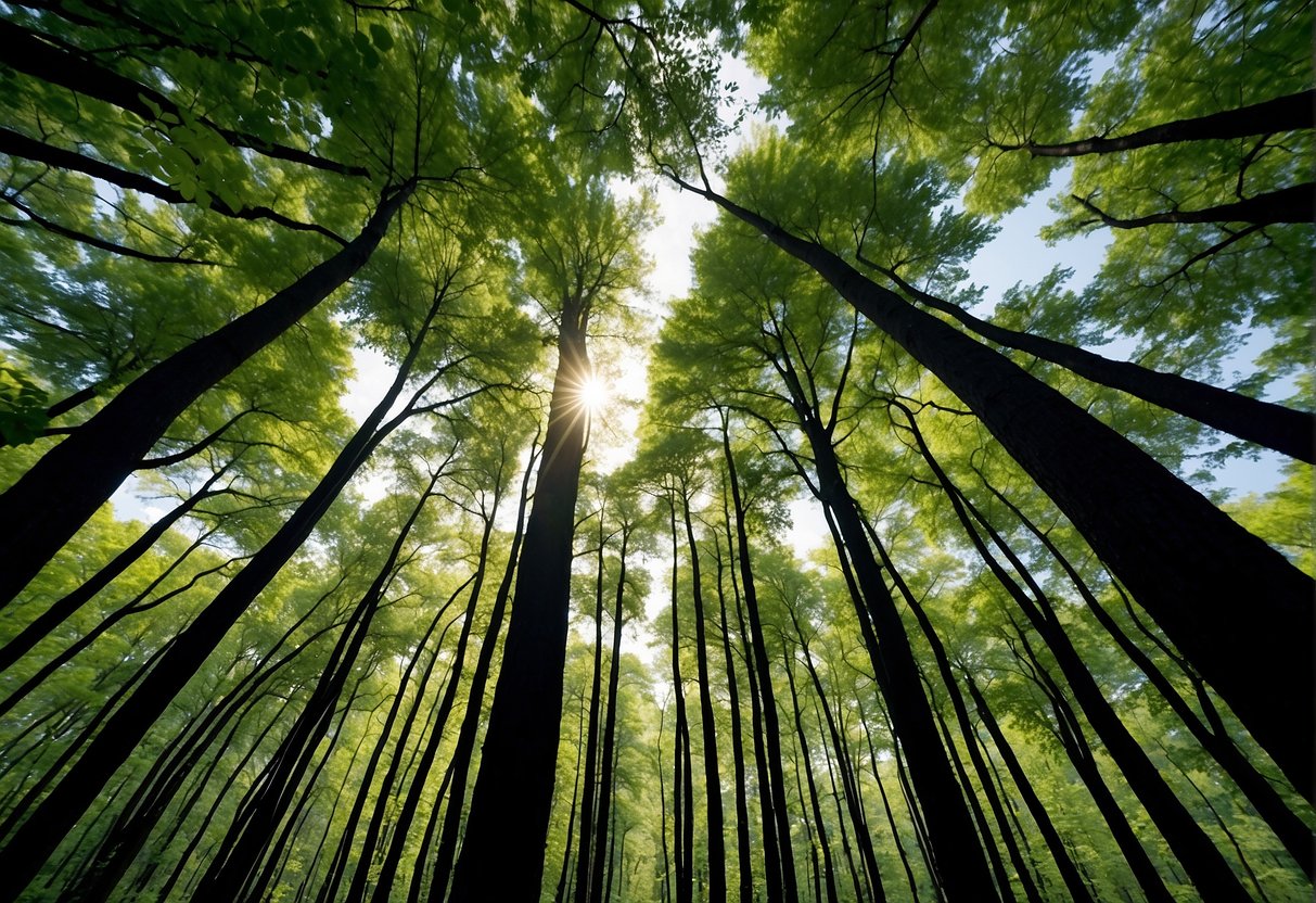 Tall, slender trunks shoot up from the forest floor, their branches reaching towards the sky. The leaves are vibrant green and flutter in the wind, signaling the rapid growth of these Pennsylvania trees