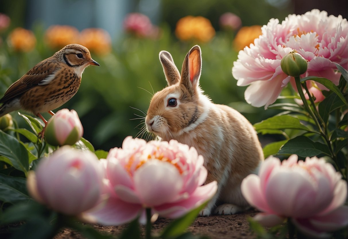 Peonies bloom in a garden, attracting bees and butterflies. A rabbit nibbles on the leaves, while a bird perches nearby, unaffected by the peony's toxicity