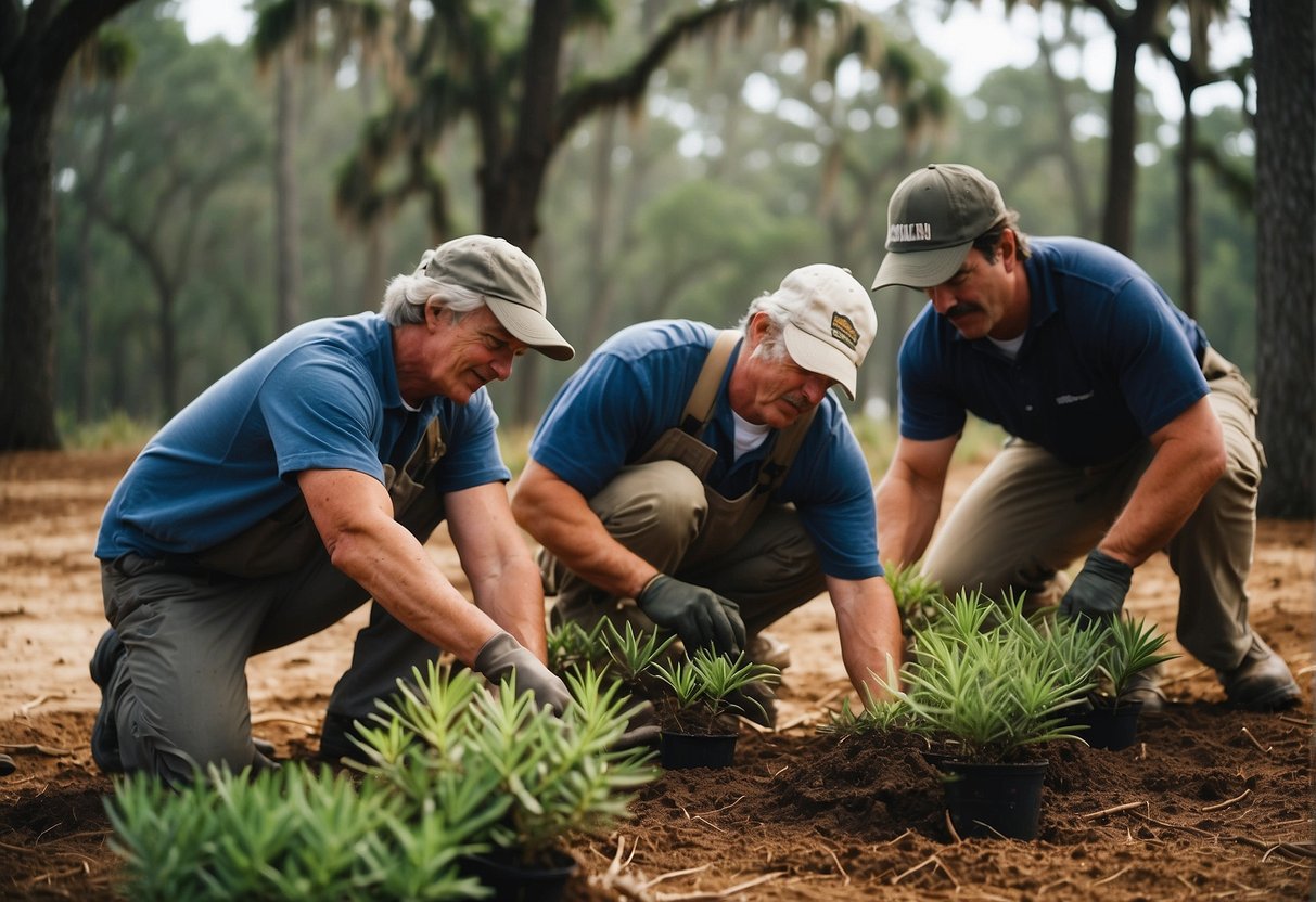 People planting and caring for live oak and palmetto trees in South Carolina