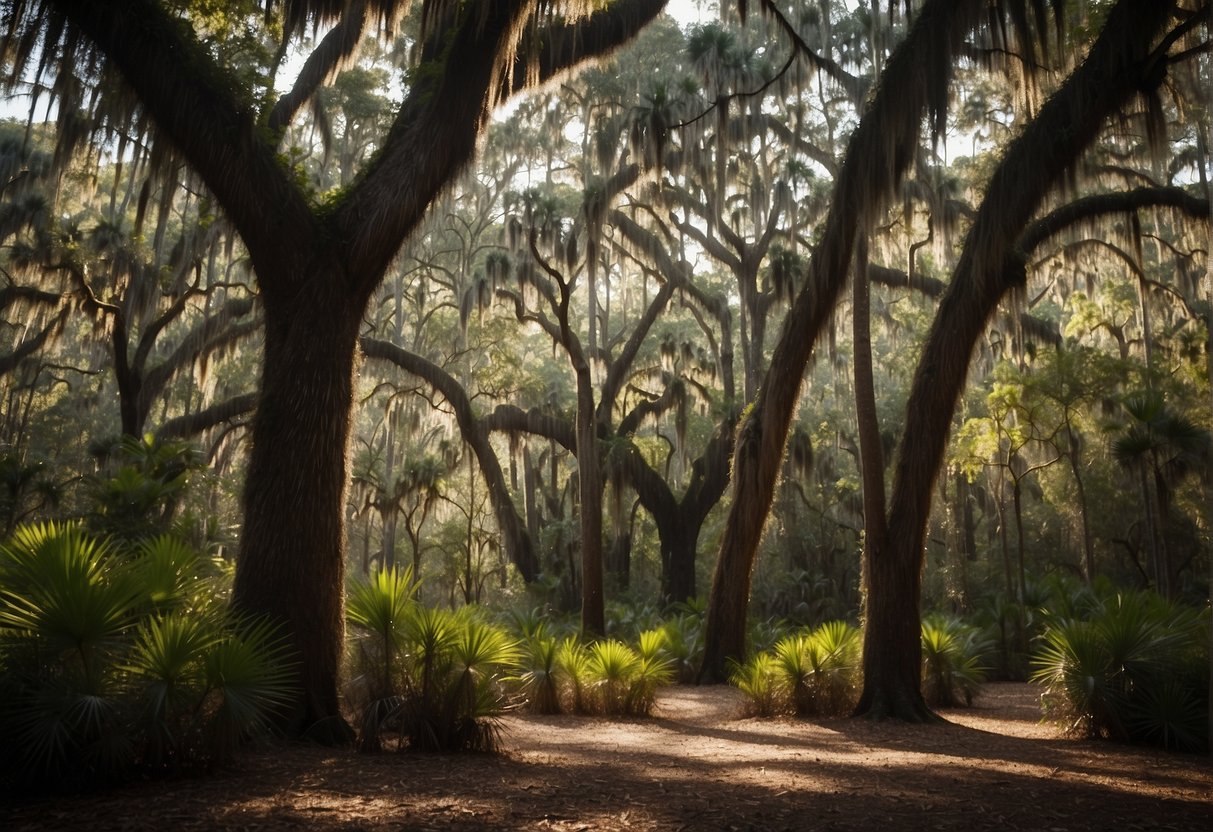 Tall palmetto and live oak trees sway in the warm breeze of a South Carolina forest. Their broad leaves and sturdy trunks create a lush and vibrant landscape