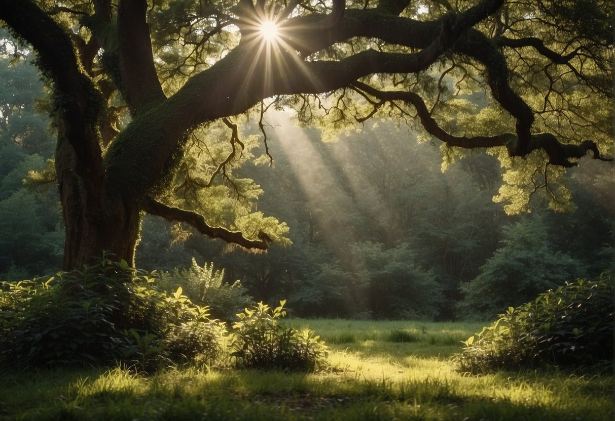 Lush green forest with towering oak, pine, and magnolia trees. Sunlight filters through the canopy, illuminating the diverse plant and animal life below