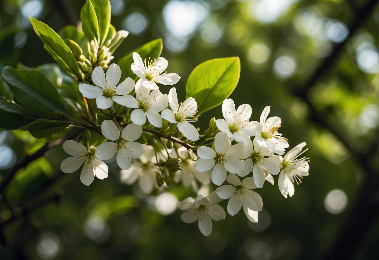 Florida white flowering trees bloom in a lush, tropical setting. The delicate white blossoms contrast against the vibrant green foliage, creating a serene and picturesque scene