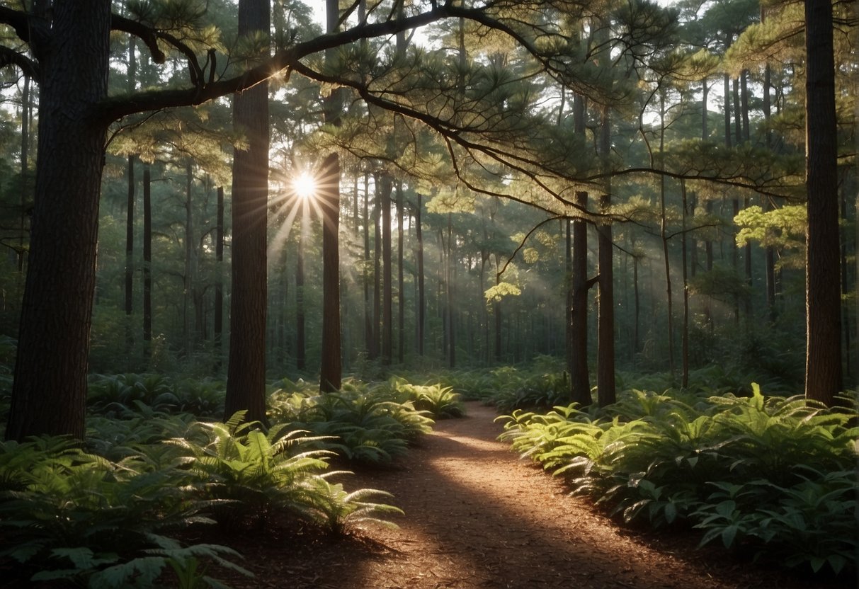 Lush green forest with towering pine, oak, and magnolia trees in South Carolina. Sunlight filters through the dense canopy, casting dappled shadows on the forest floor