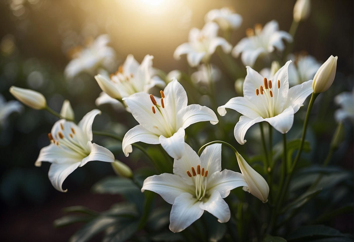 A cluster of white, trumpet-shaped flowers with long, slender stems and delicate, curved petals, resembling the elegant beauty of lilies