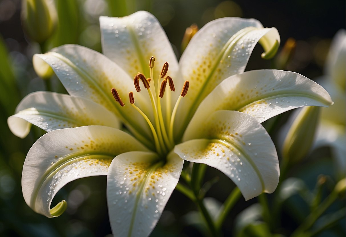A lily-like flower being carefully tended to in a garden