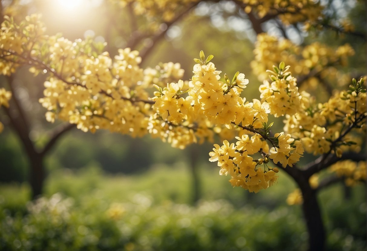 A yellow flowering tree blooms in a lush spring landscape