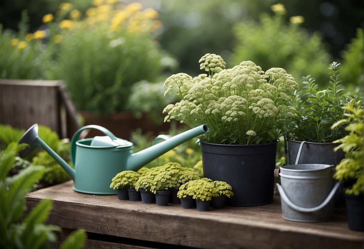 Lush green garden with yarrow-like plants in various stages of growth, surrounded by carefully placed gardening tools and watering cans