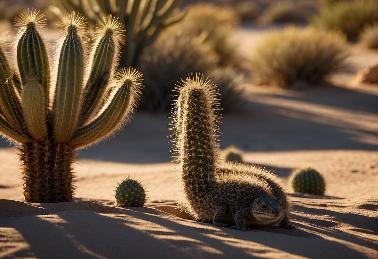 Sunlight filters through spiky Joshua trees and cacti, casting long shadows on the sandy desert floor. A lizard scampers across the hot ground as a rattlesnake coils in the shade