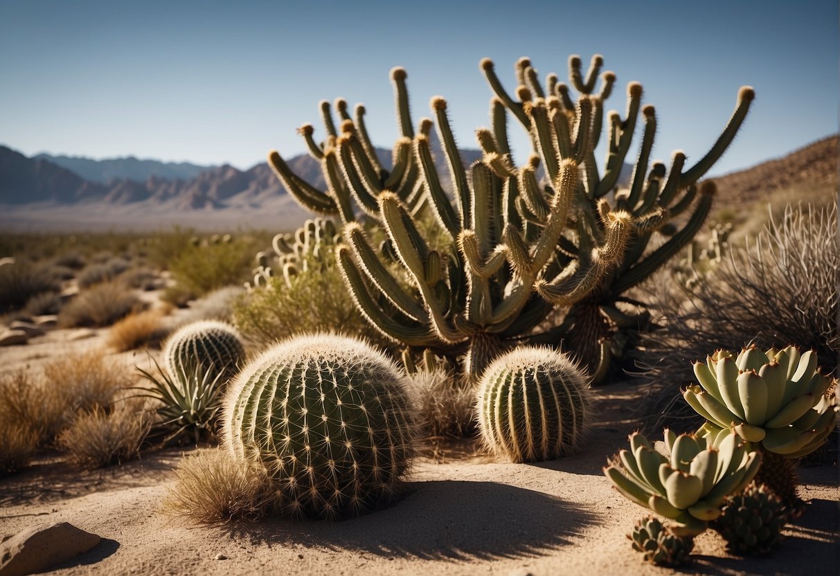 Sparse, hardy plants dot the arid Mojave desert landscape, with cacti, Joshua trees, and shrubs adapted to the harsh environment. Sand dunes and rocky outcrops add to the rugged terrain