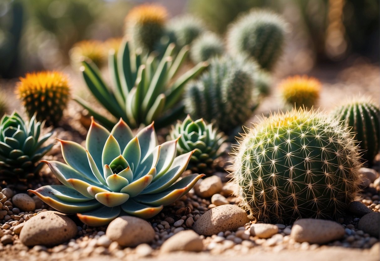 Lush succulents and cacti thrive in a sun-drenched Arizona backyard, surrounded by colorful desert blooms and drought-resistant shrubs