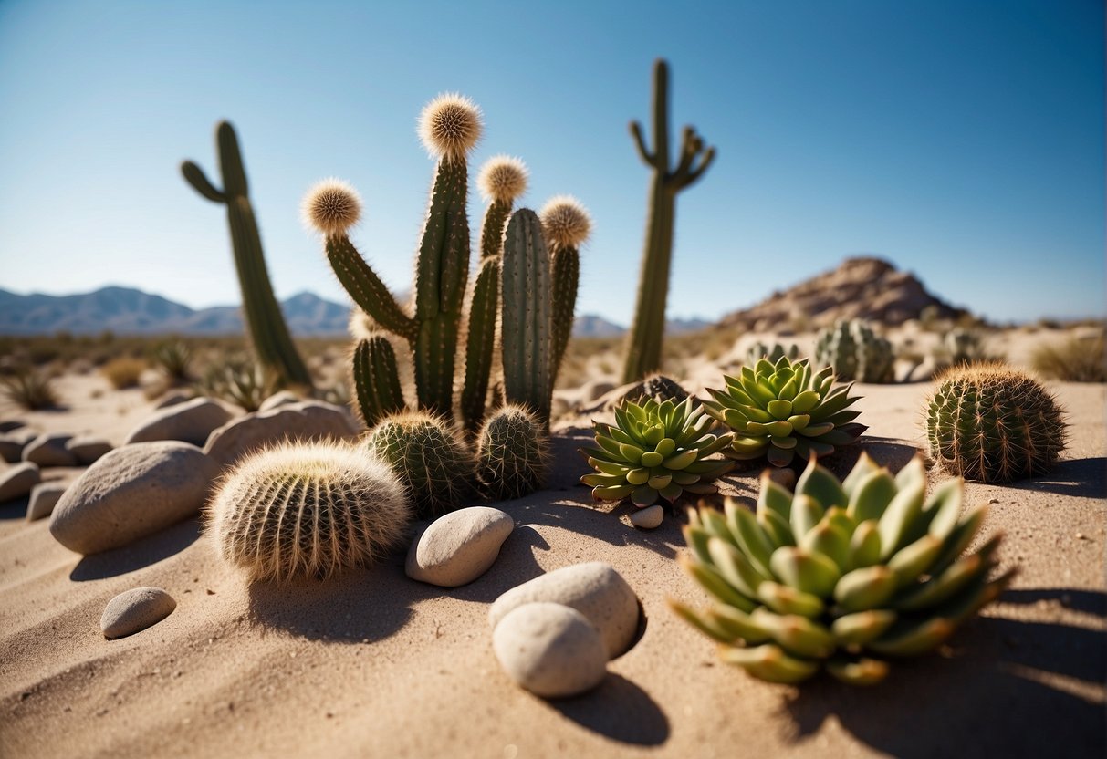 A desert landscape with cacti, succulents, and rocks arranged in a harmonious and balanced manner. Sand dunes and a clear blue sky in the background