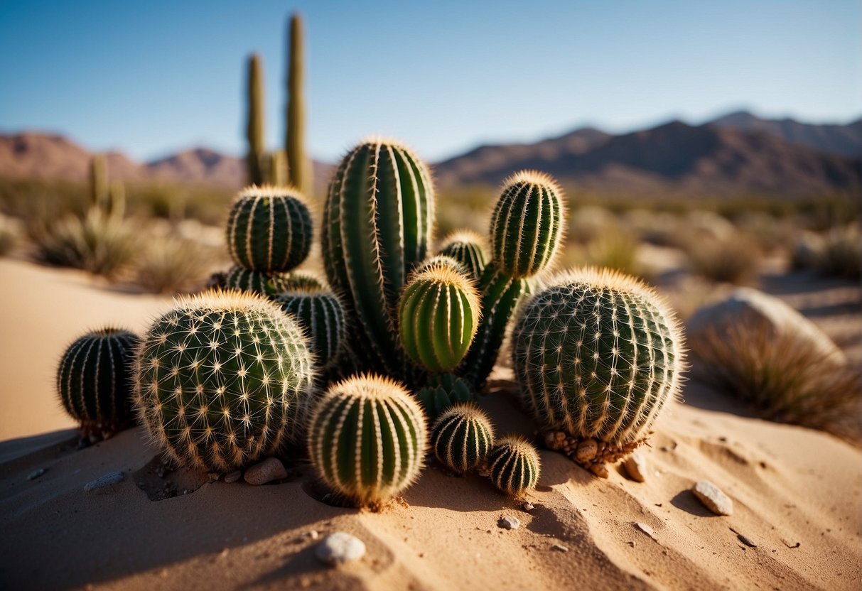 The desert landscape features cacti, succulents, and rocks arranged in a natural and balanced composition. Sand dunes and a clear blue sky complete the serene scene