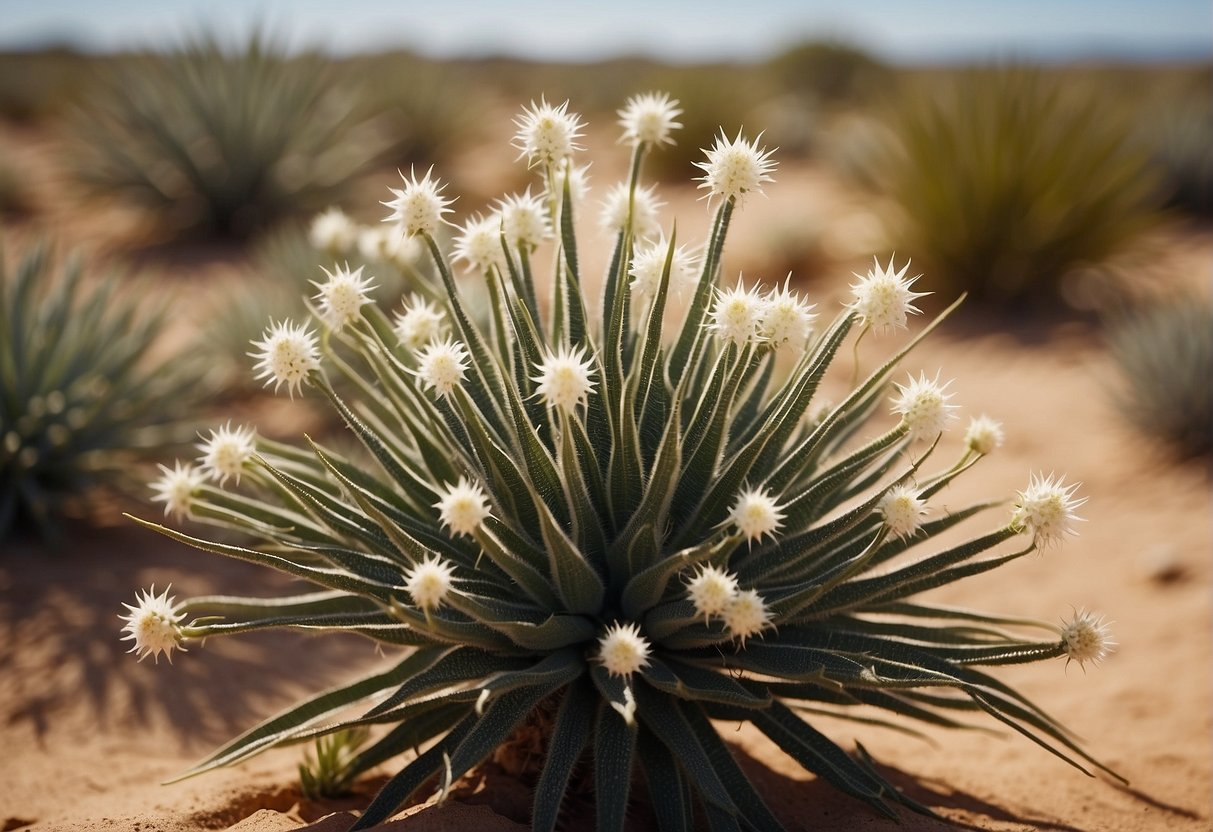 Tall, spiky plants with long, sword-like leaves standing in a desert landscape. The plants have a thick, woody stem and clusters of white flowers at the top