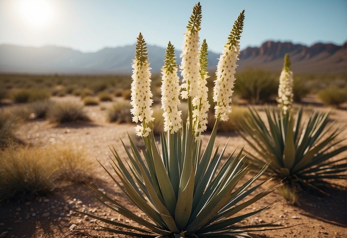 Yucca and kin plants thrive in a sunny, arid landscape. Their long, sword-shaped leaves shoot up from a central stalk, while their creamy white flowers bloom in clusters at the top