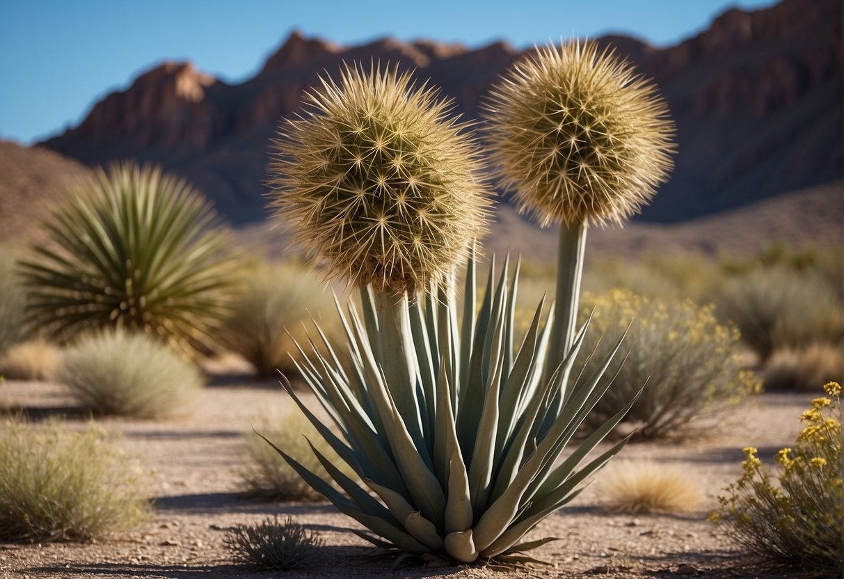 A desert landscape with tall, spiky plants resembling yucca, set against a backdrop of rocky terrain and a clear blue sky