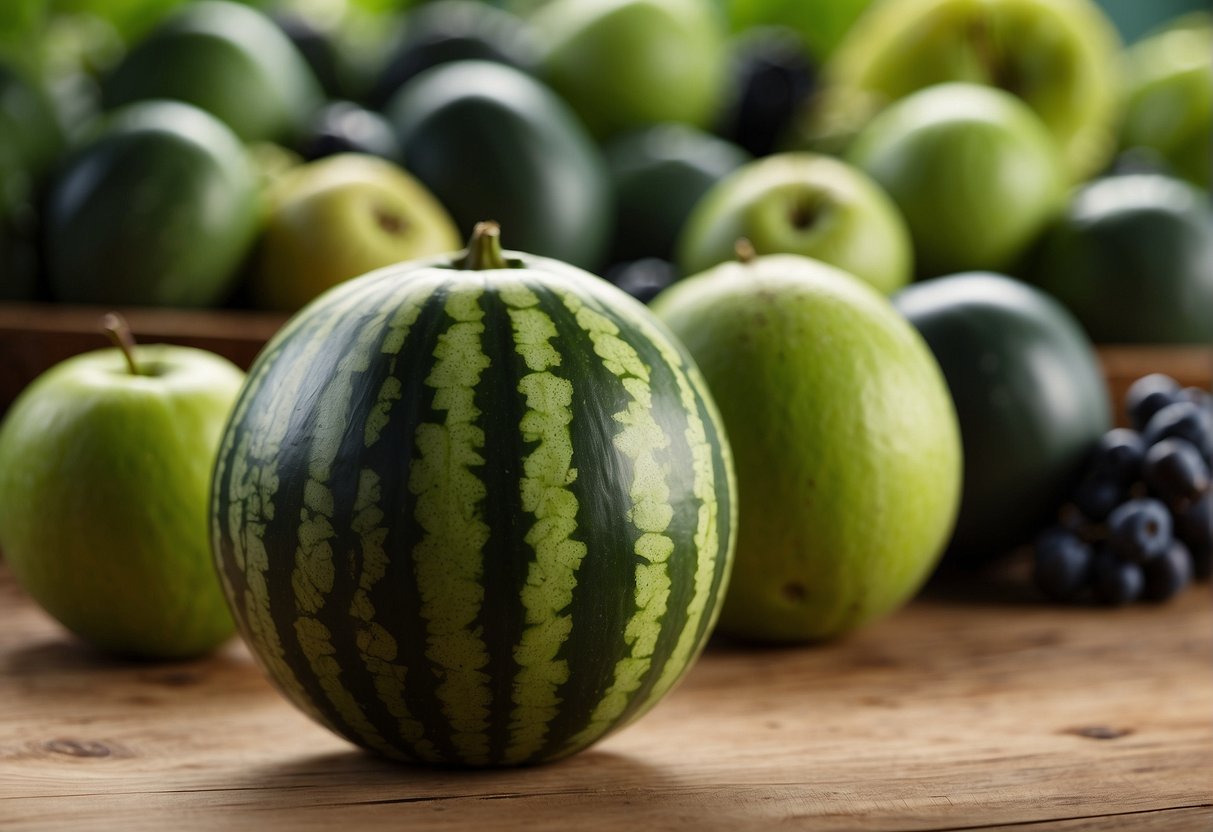 A round, green fruit with dark green stripes, resembling a watermelon, sits on a wooden table surrounded by other fruits