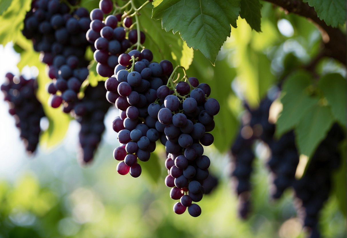 Lush green vines with small round leaves and clusters of purple, grape-like fruits hanging from them
