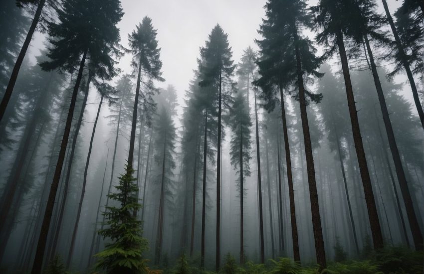 Tall pine trees stand against a misty backdrop in Seattle. The trees are clustered together, with their long, thin needles creating a dense and lush canopy