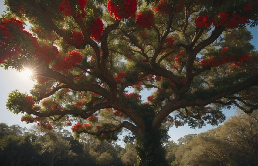 A vibrant red flower tree stands tall in the lush landscape of Florida