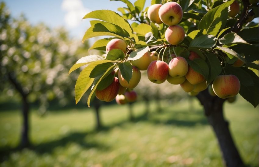 Lush apple, peach, and cherry trees thrive in an Indiana orchard, their branches heavy with ripe, colorful fruit