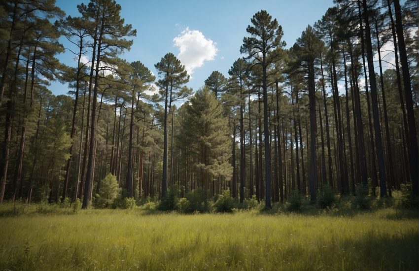 Tall evergreen trees stand against a blue sky in Alabama