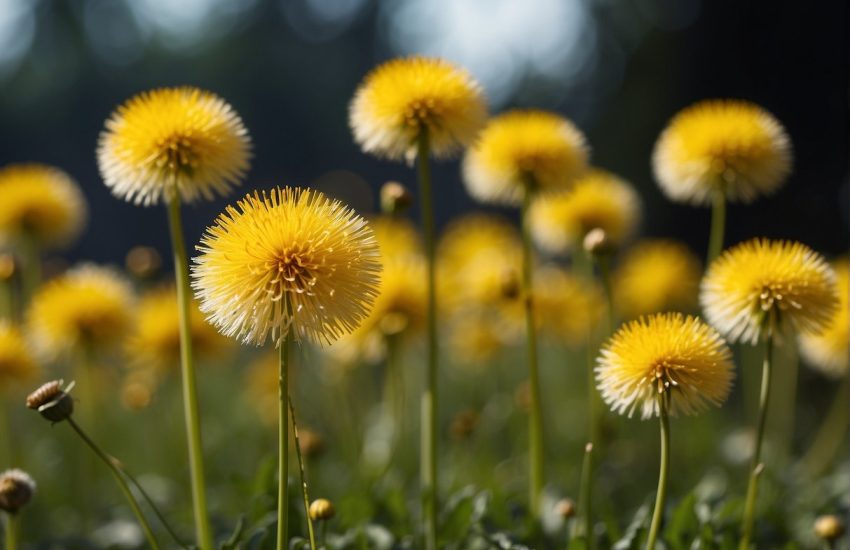 Bright yellow flowers with fluffy, spherical heads and slender stems, resembling dandelions but distinct